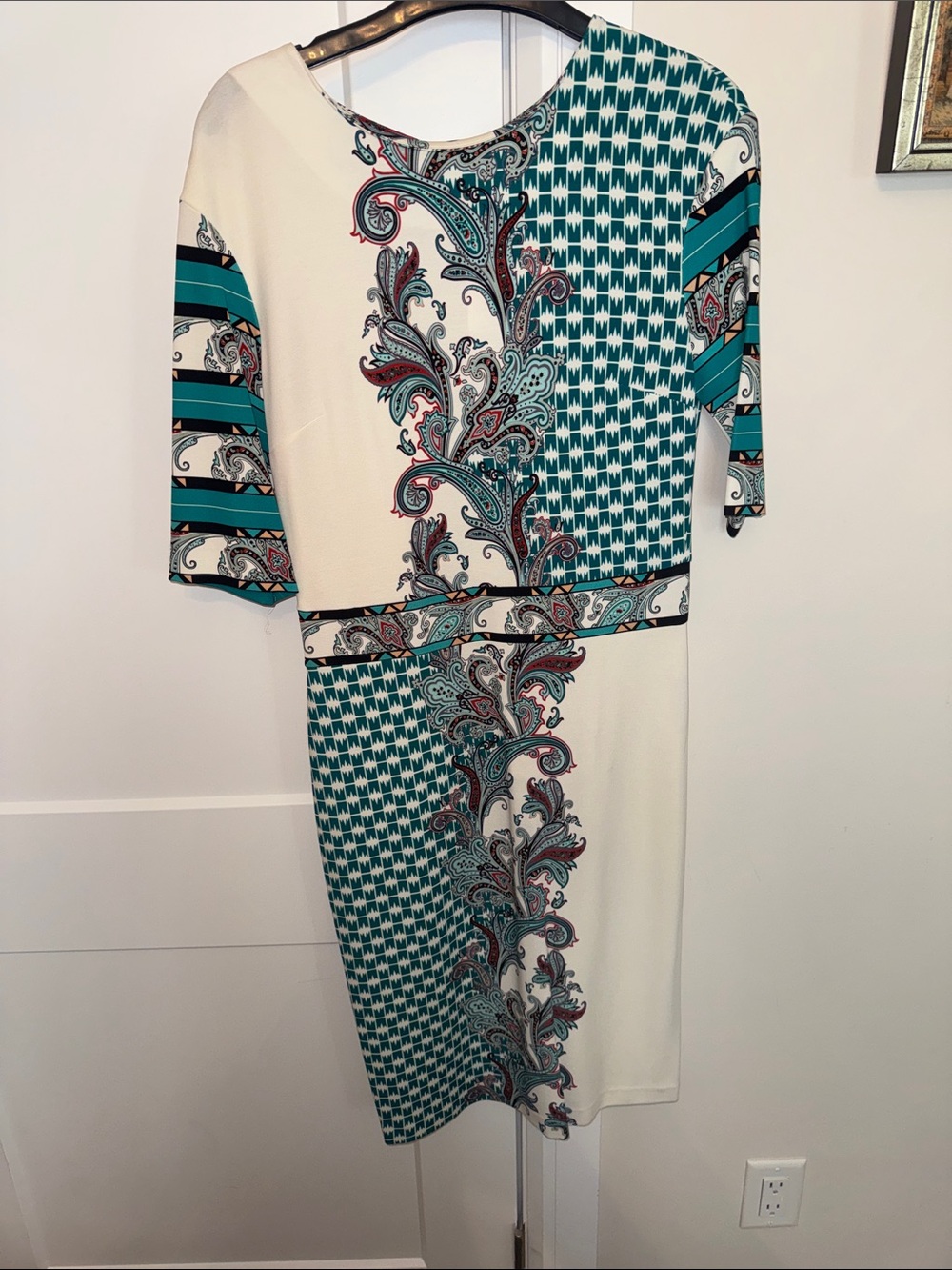 Etro Teal, Ivory and Coral Paisley Block Midi Dress